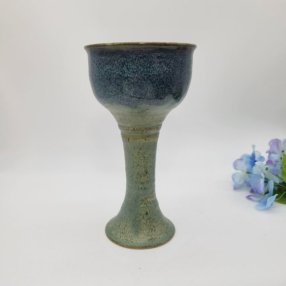 North Carolina Pottery Chalice or Candle Holder Sandra Baker Moore Blue Beige - Picture 2 of 10